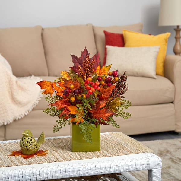 Nearly Natural 17 in. Maple Leaf, Berries and Maiden Hair Artificial Arrangement in Green Vase