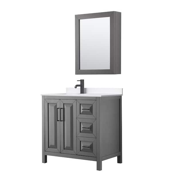 Wyndham Collection Daria 36 in. W x 22 in. D x 35.75 in. H Single Bath Vanity in Dark Gray with White Quartz Top and Mirror