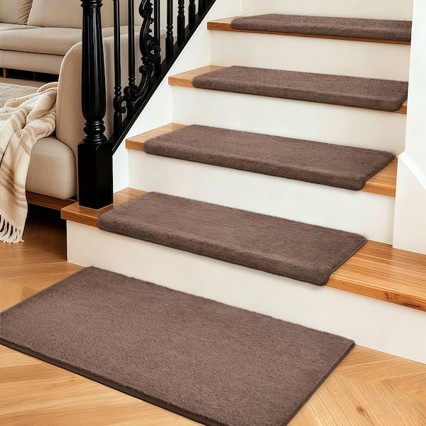 PURE ERA Plush Brown 9.5 in. x 30 in. x 1.2 in. Bullnose Polyster Carpet Stair Tread Cover With Landing Mat Tape Free Set of 15