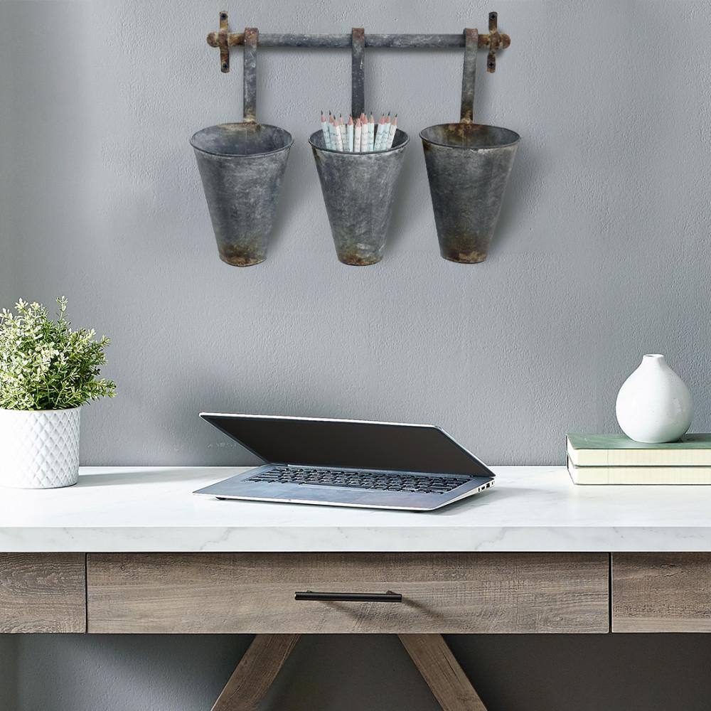 Rustic Silver Tin Wall Rack with 3 Tapered Planters