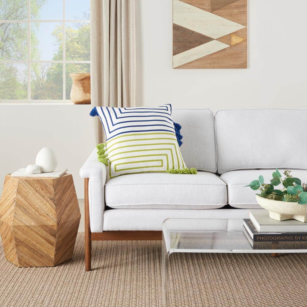 Lime Blue Cotton Square Throw Pillow with Tassels