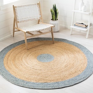 Braided Light Blue/Gold 6 ft. x 6 ft. Round Solid Border Area Rug