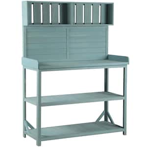 46.9 in. W x 65 in. H Green Solid Wood Rustic Outdoor Potting Bench Table with Storage Shelves and Side Hook