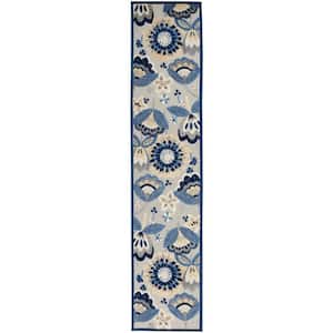 Aloha Blue/Gray 2 ft. x 12 ft. Kitchen Runner Floral Contemporary Indoor/Outdoor Patio Area Rug