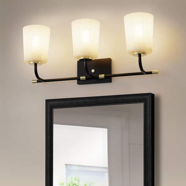 YANSUN 24 in. 3-Light Black Vanity Light with White Cone Glass Shades for Bathroom, Mirror, Vanity Area