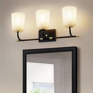 24 in. 3-Light Black Vanity Light with White Cone Glass Shades for Bathroom, Mirror, Vanity Area