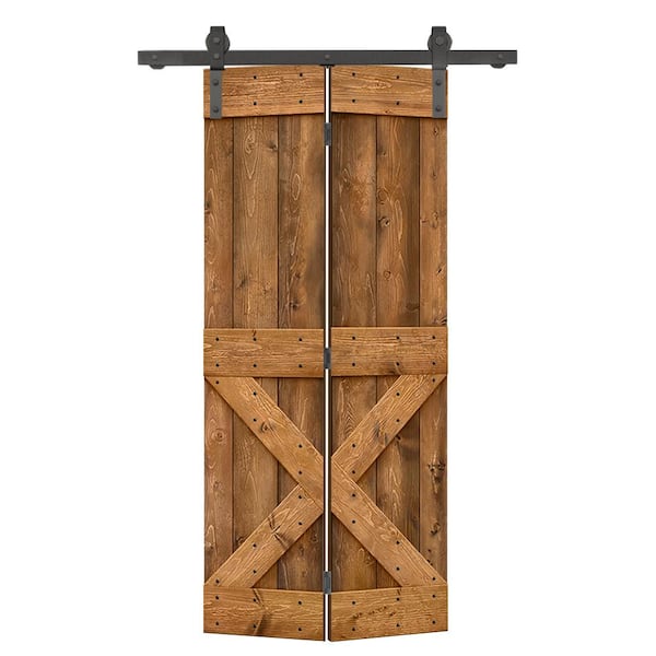 20 in. x 84 in. Mini X Series Solid Core Walnut Stained DIY Wood Bi-Fold Barn Door with Sliding Hardware Kit