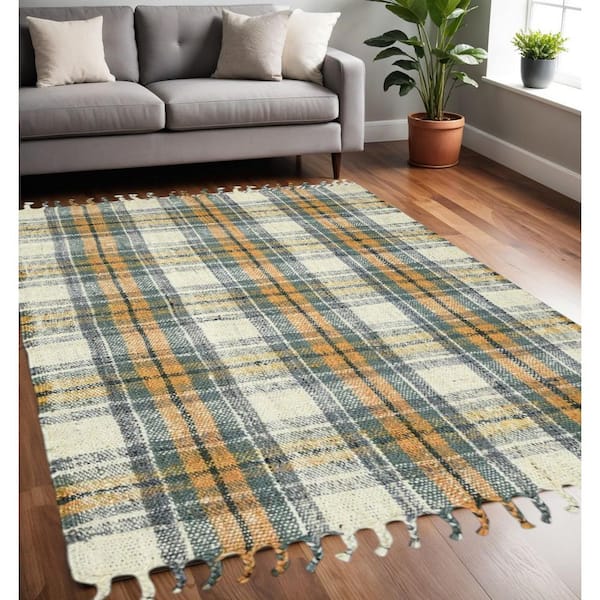 5' X 7' Orange Green And Ivory Jute Plaid Hand Woven Area Rug With Fringe