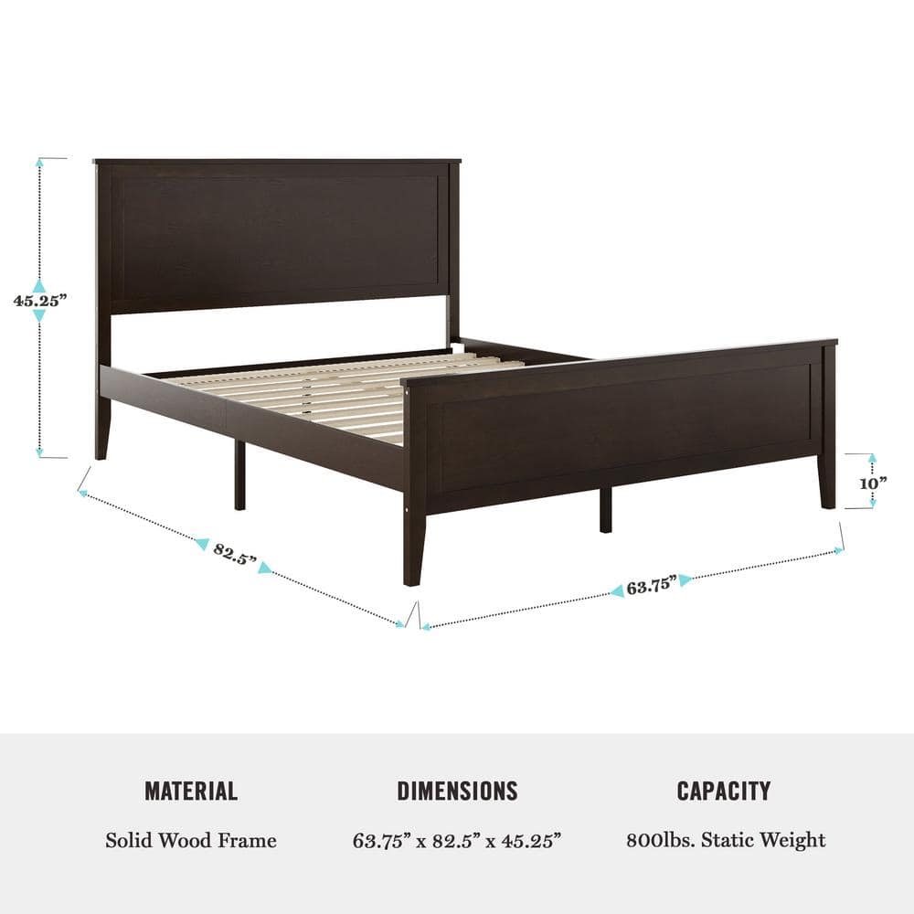 Dark Brown Queen Wooden Platform Bed with Headboard and Footboard