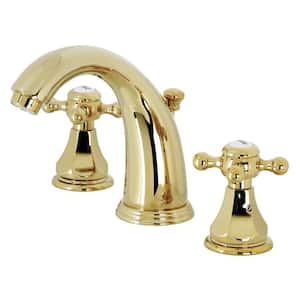 Metropolitan 2-Handle 8 in. Widespread Bathroom Faucets with Plastic Pop-Up in Polished Brass