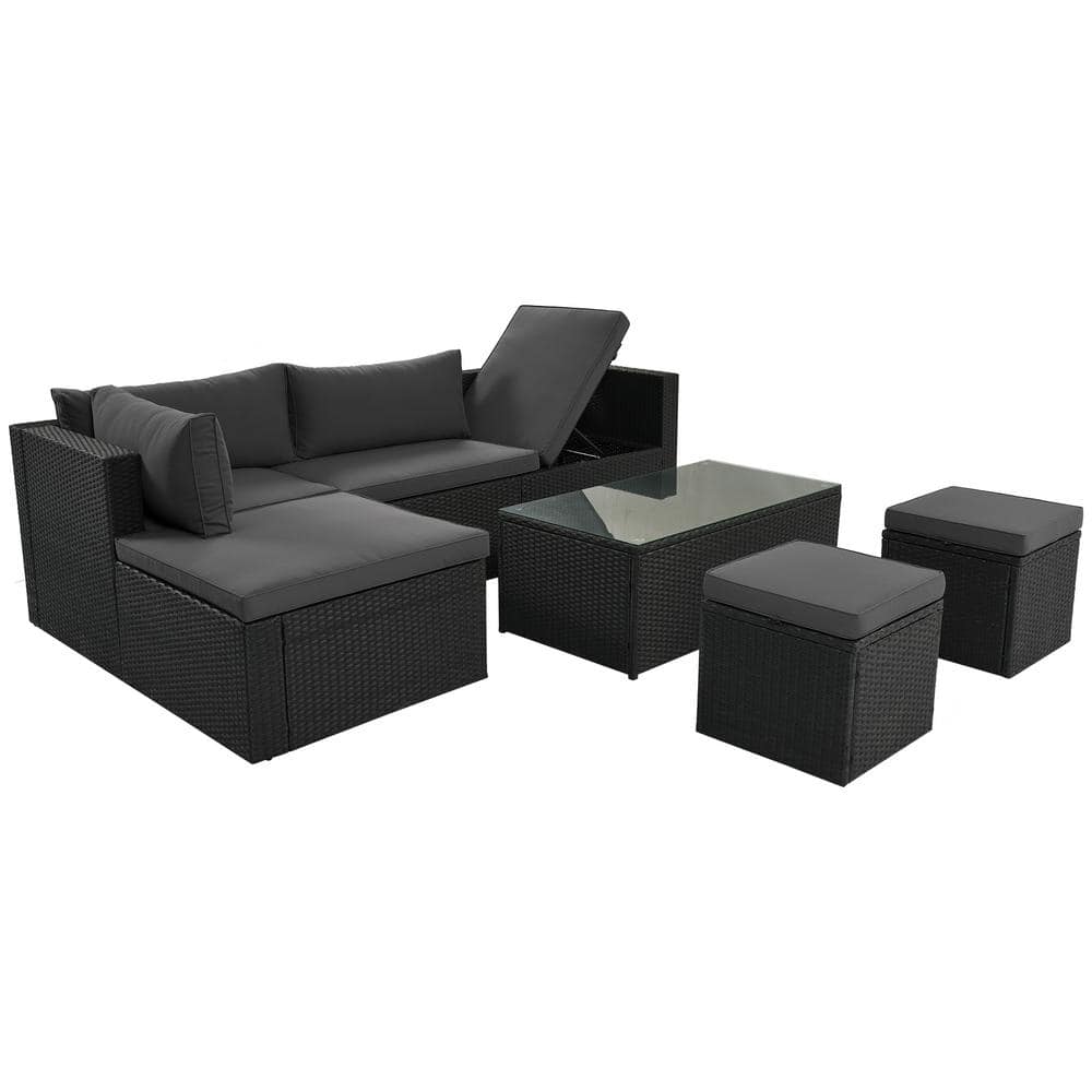 Black 5-Piece Wicker Outdoor Sectional Set with Gray Cushions
