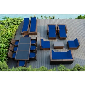 Mixed Brown 20-Piece Wicker Patio Combo Conversation Set with Sunbrella Pacific Blue Cushions