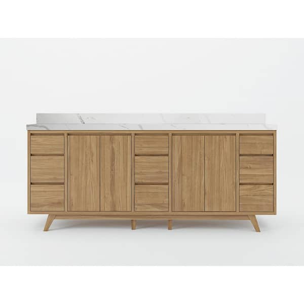 Willow Collections Madison Teak 84 in. W x 22 in. D x 36 in. H Double Sink Bath Vanity in Golden Teak with 2 in Calacatta Quartz Top