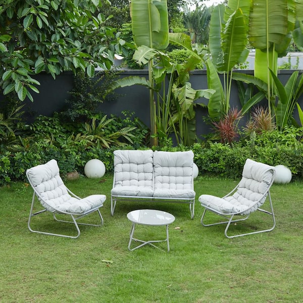 4-Piece Outdoor Patio Metal Conversation Set with Charcoal Beige Cushions and Coffee Table