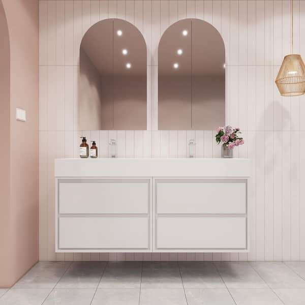 BV Better Vanity Saggie 59 in. W. x 20 in. D x 28 in. H Double Sink Floating Bath Double Vanity in Gloss White with White Acrylic Top