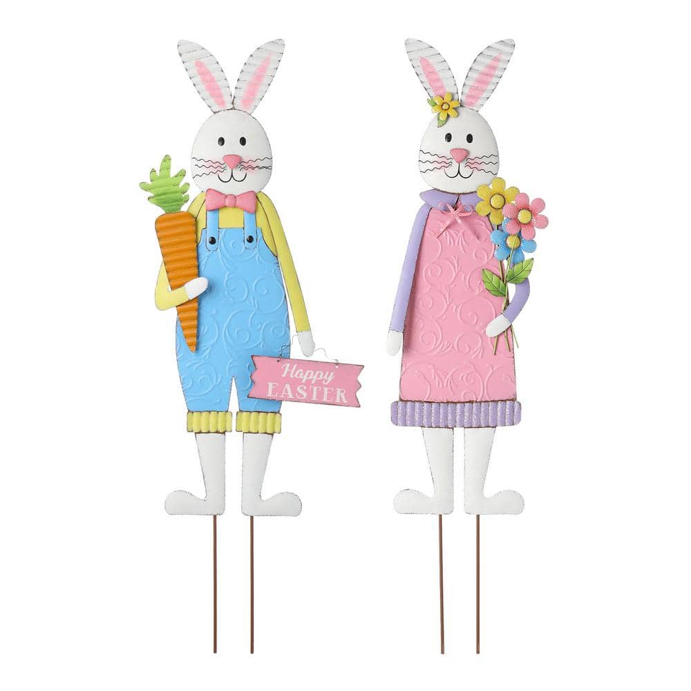 Glitzhome Metal Bunny Boy and Girl's Yard Stake or Standing Decor or Wall Decor (Set of 2)