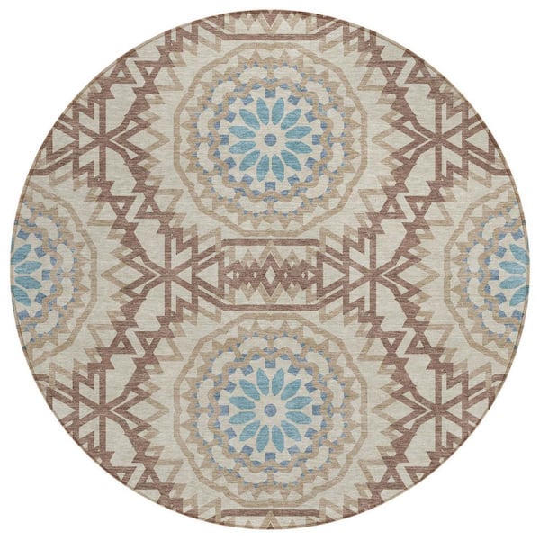 Khaki, Brown, Taupe 8 ft. Round Woven Floral, Medallion Polyester Round Indoor/Outdoor Area Rug