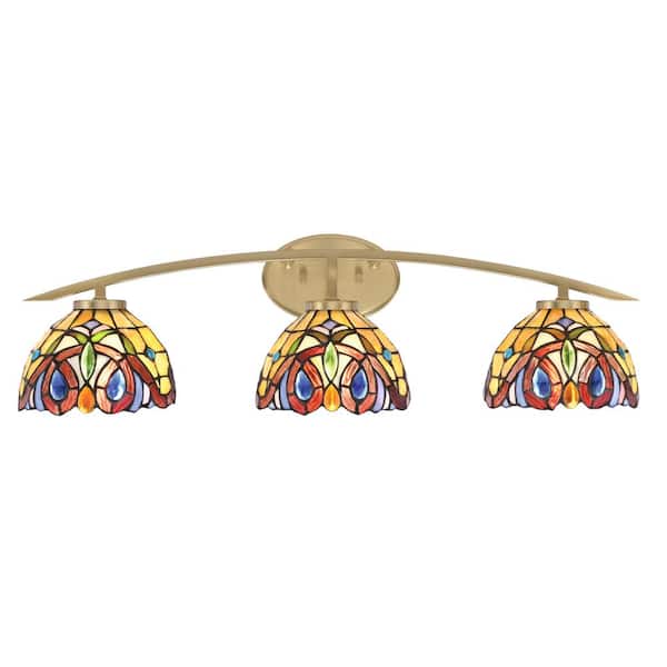Unbranded Siena 29 in. 3-Light Vanity Light New Age Brass with Lynx Art Glass Shades