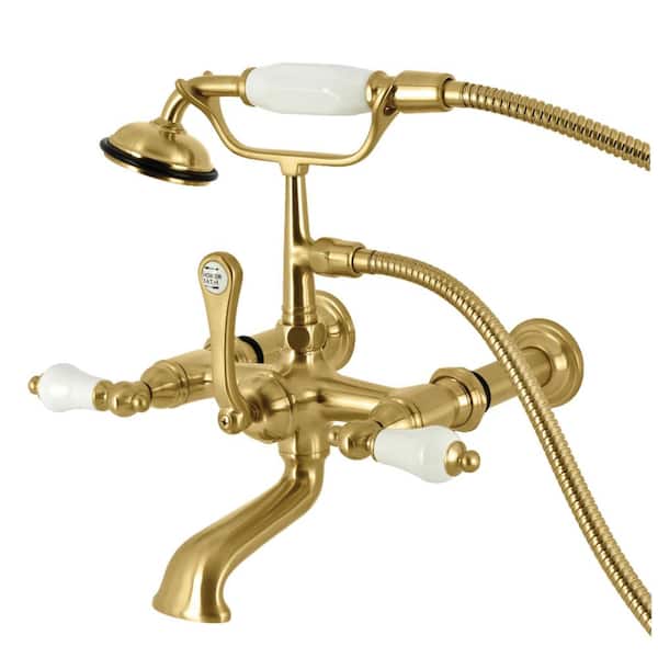 Kingston Brass Vintage 3-Handle Wall-Mount Clawfoot Tub Faucet with Hand Shower in Brushed Brass