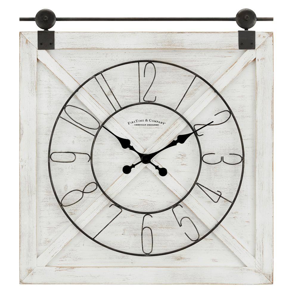 Weathered White Wood and Metal Farmhouse Barn Door Wall Clock