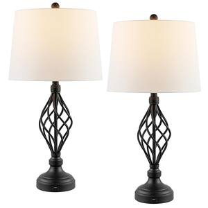 28 in. Bronze USB Table Lamp with White Linen Shade