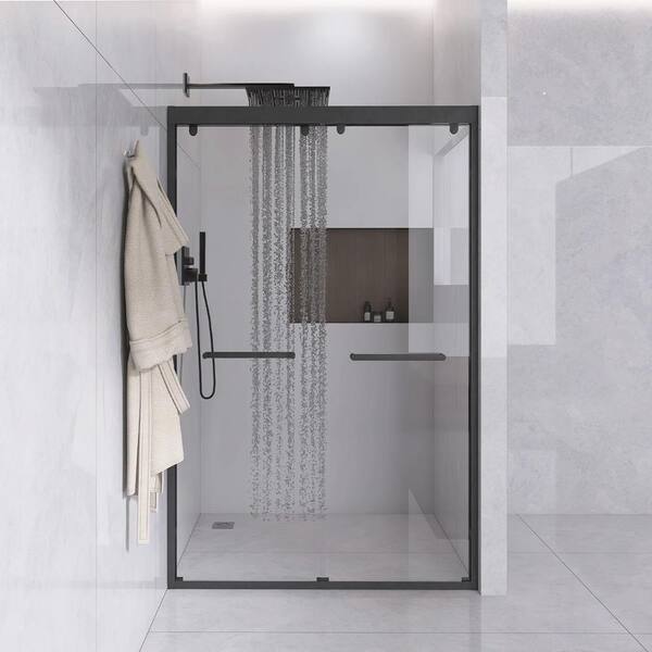 JimsMaison 48 in. W x 75 in. H Sliding Framed Shower Door in Matte Black Finish with Tempered Glass