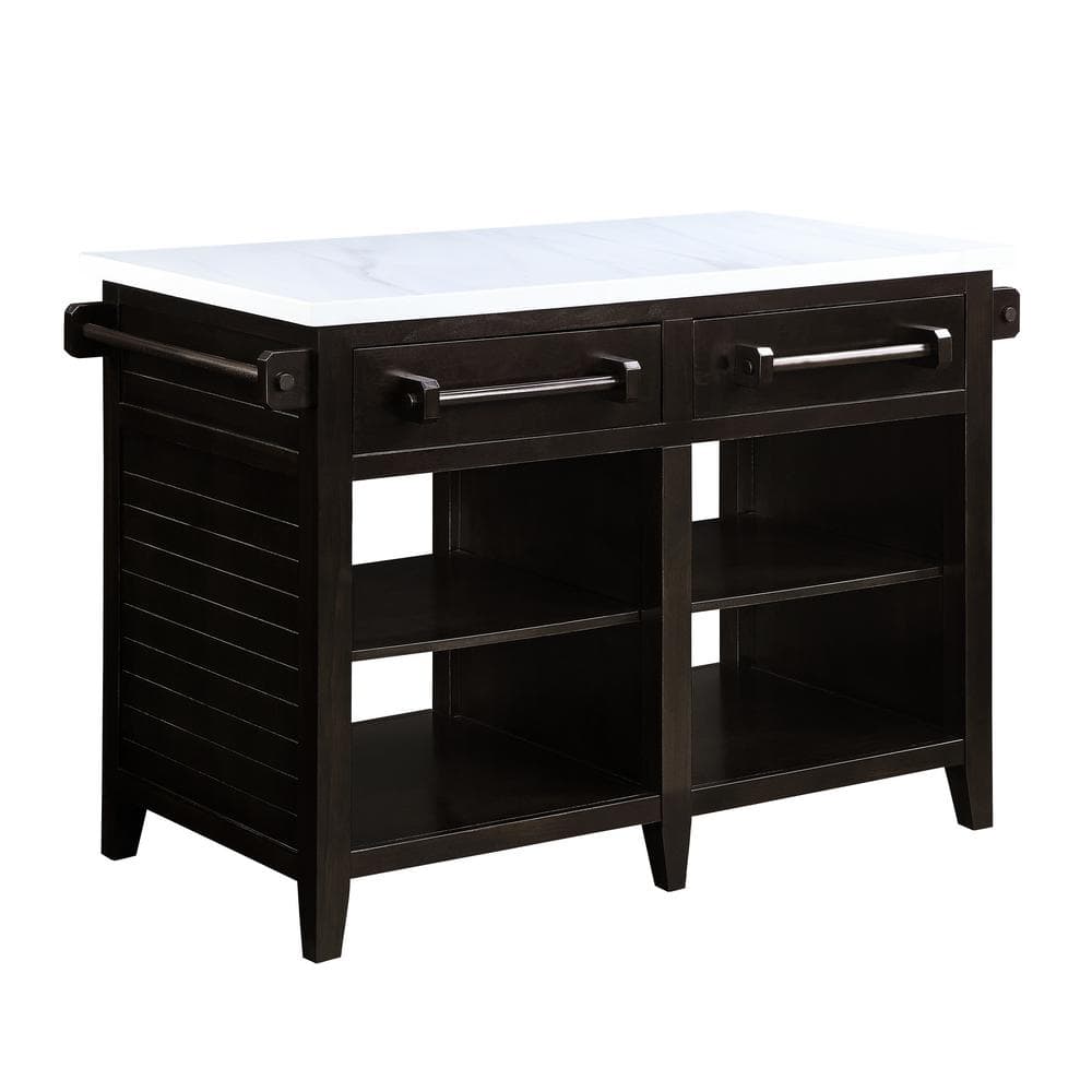 Aoibox Espresso Finish Marble Top 28 in. Kitchen Island with Towel