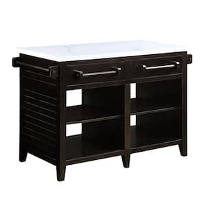 Espresso Finish Marble Top 28 in. Kitchen Island with Towel Rack, Storage Drawers, and Open Shelves