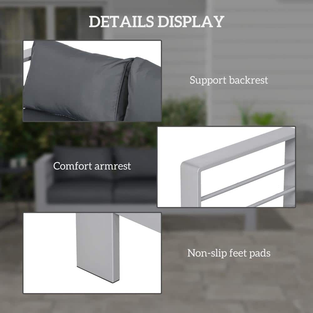Gray Aluminum Outdoor Sofa with Cushions and Wide Armrests