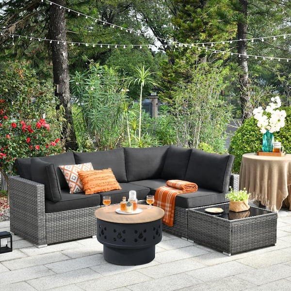Toject Sanibel Gray 6-Piece Wicker Outdoor Patio Conversation Sofa Set with a Wood-Burning Fire Pit and Black Cushions