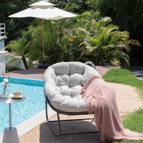 LQOFZ Oversized Wicker Rattan Outdoor Rocking Chair with Light Gray Cushion