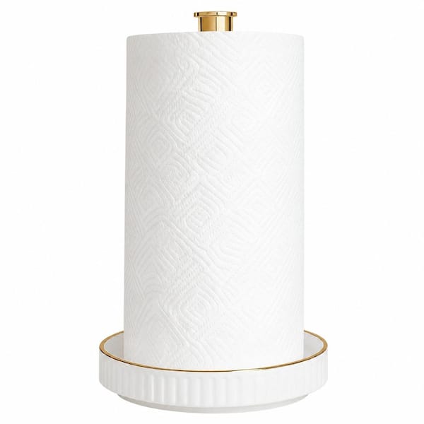 Gold and Ceramic Base Paper Towel Holder for Countertops Fits Double and Family-Size Rolls 12.5 x 7 x 3