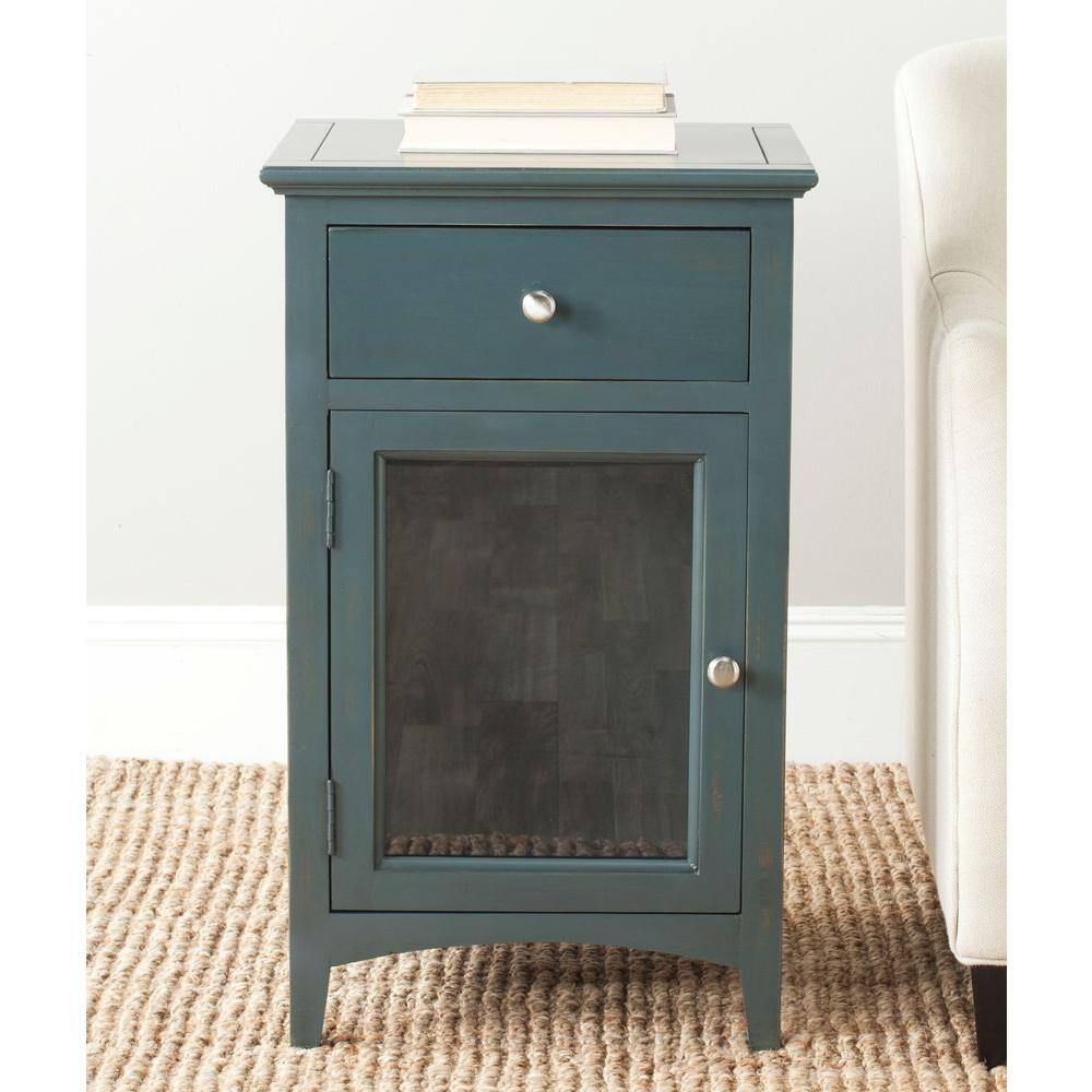 Transitional Steel Teal Wood and Metal Nightstand with Storage