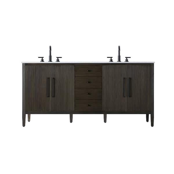 72 in. Double Sink Chocolate Oak Bath Vanity with White Engineered Marble Top