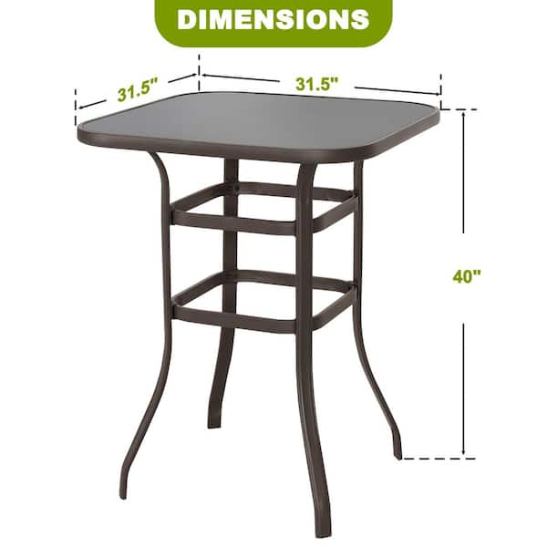 Brown with Gold Speckles Square Metal Bar Height Outdoor Dining Table with Tempered Glass Tabletop