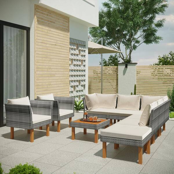U-MAX 3 PCS Outdoor Rattan Furniture Sofa Set Lounge Chaise with Coffee Table Patio Garden Furniture Set Brown Rattan with Tan Cushions 