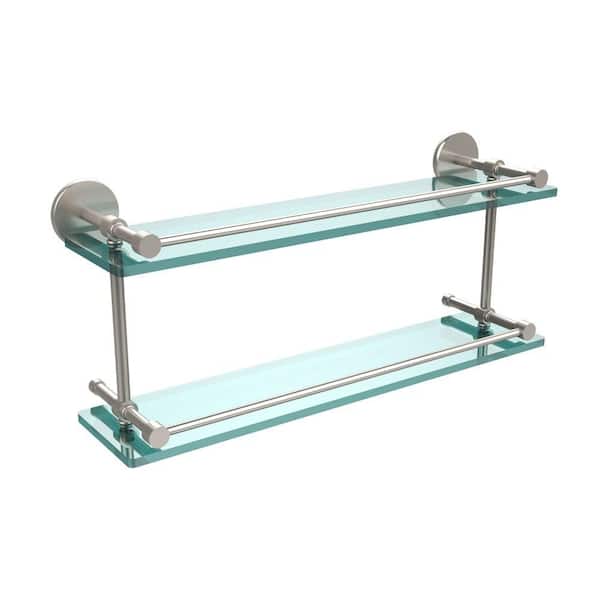 22 in. L x 8 in. H x 5 in. W 2-Tier Clear Glass Bathroom Shelf with Gallery  Rail in Satin Nickel