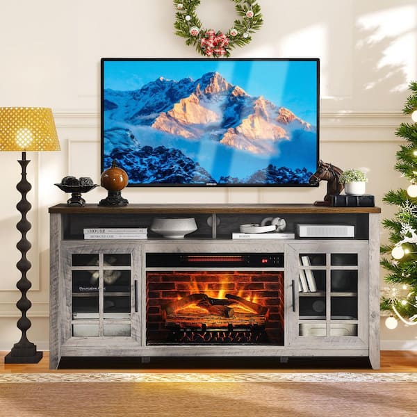 ToolCat 55 in. Freestanding Electric Electric Fireplace TV Stand with 23 in. Fireplace Insert, KD Inserts Heater in Gray Wash