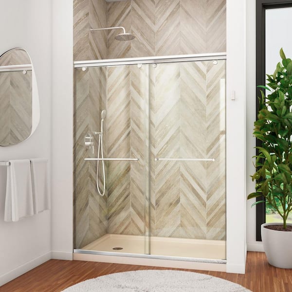 DreamLine Charisma 30 in. x 60 in. x 78.75 in. Semi-Frameless Sliding Shower Door in Chrome with Left Drain White Acrylic Base