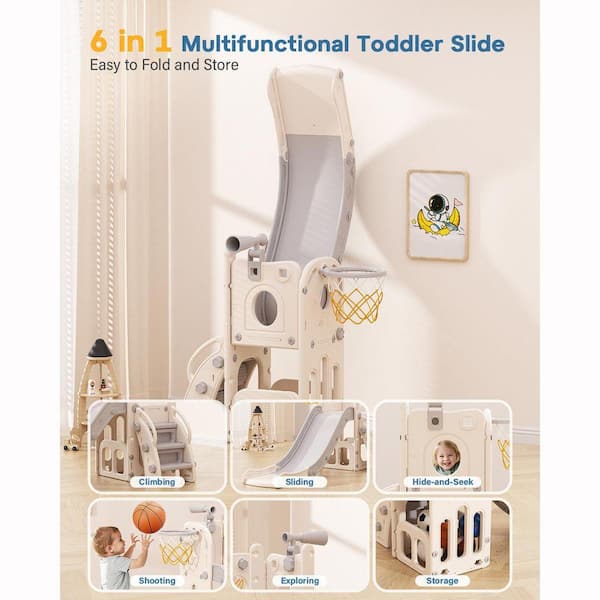 SEEUTEK 6-in-1 Toddler Slide Climber with Basketball Hoop and