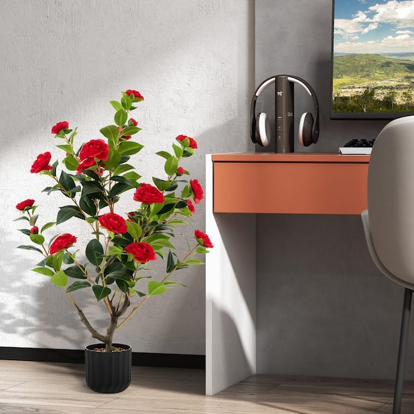 ANGELES HOME 3 ft. Red Artificial Camellia Tree Bonsai Faux Flower Plant in Cement Pot