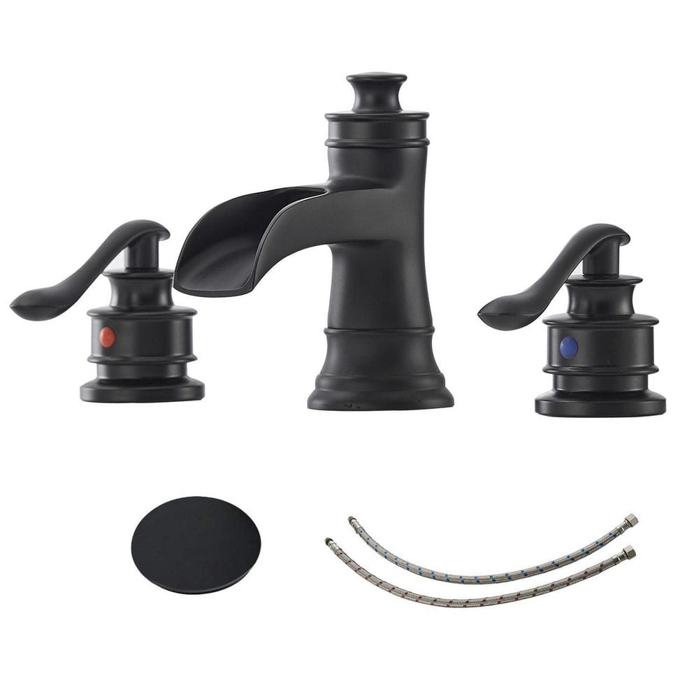 BWE 8 Inch Widespread Bathroom Faucet Matte Black with Pop Up Drain and Supply Hose Lead-Free Two-Handle 3 Holes Waterfall Bathroom Sink Faucet Lavatory Mixer Tap