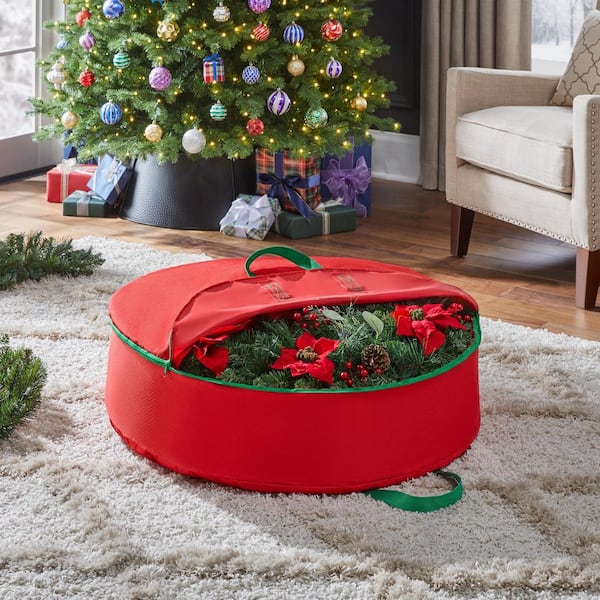 Sterilite 24 inch Clear Lid Nesting Storage Christmas Wreath Box, Red (6 Pack)