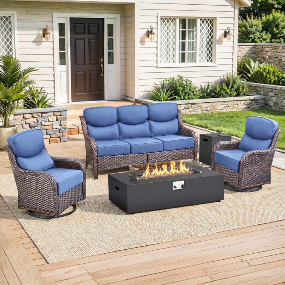 NovaSwivel 5-Piece Brown Wicker Patio Conversation Set, Swivel Chair with Fire Pit Table and Tank Holder Blue Cushions price history on PriceWatchPro