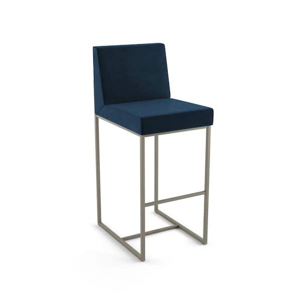 Amisco Derry 30 in. Dark Blue Velvet / Grey Metal Bar Stool