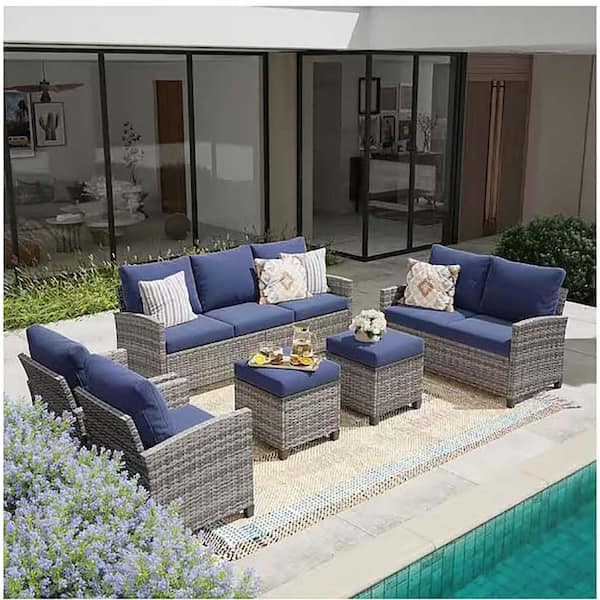 Tenleaf 6-Piece Gray Wicker Outdoor Sectional Set with Blue Cushions