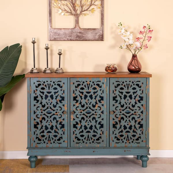 PHI VILLA Bluish Grey Hollow-Carved Cabinet with 3-Door