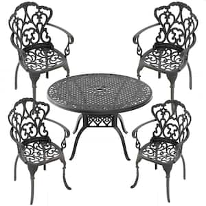 5-Piece Black Cast Aluminum Outdoor Dining Set, Patio Furniture with 47.24 in. Round Table and Random Color Cushions