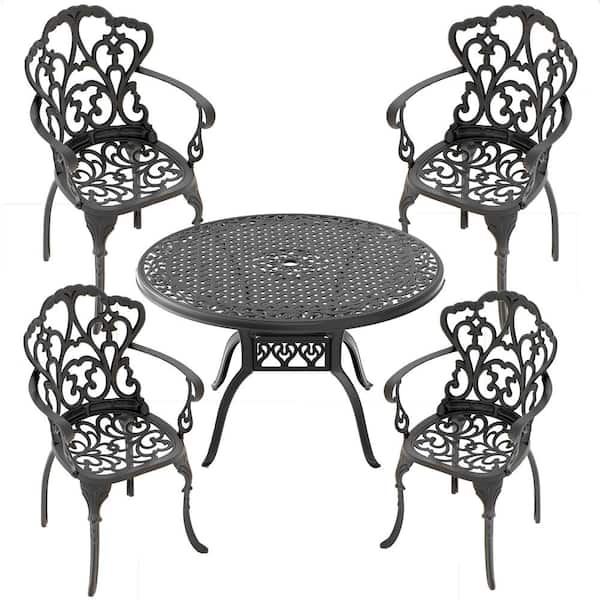 ToolCat 5-Piece Black Cast Aluminum Outdoor Dining Set, Patio Furniture with 47.24 in. Round Table and Random Color Cushions