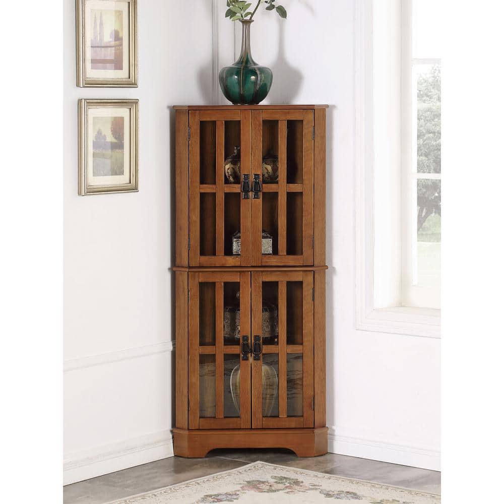 Transitional Golden Brown Corner Curio Cabinet with Glass Doors